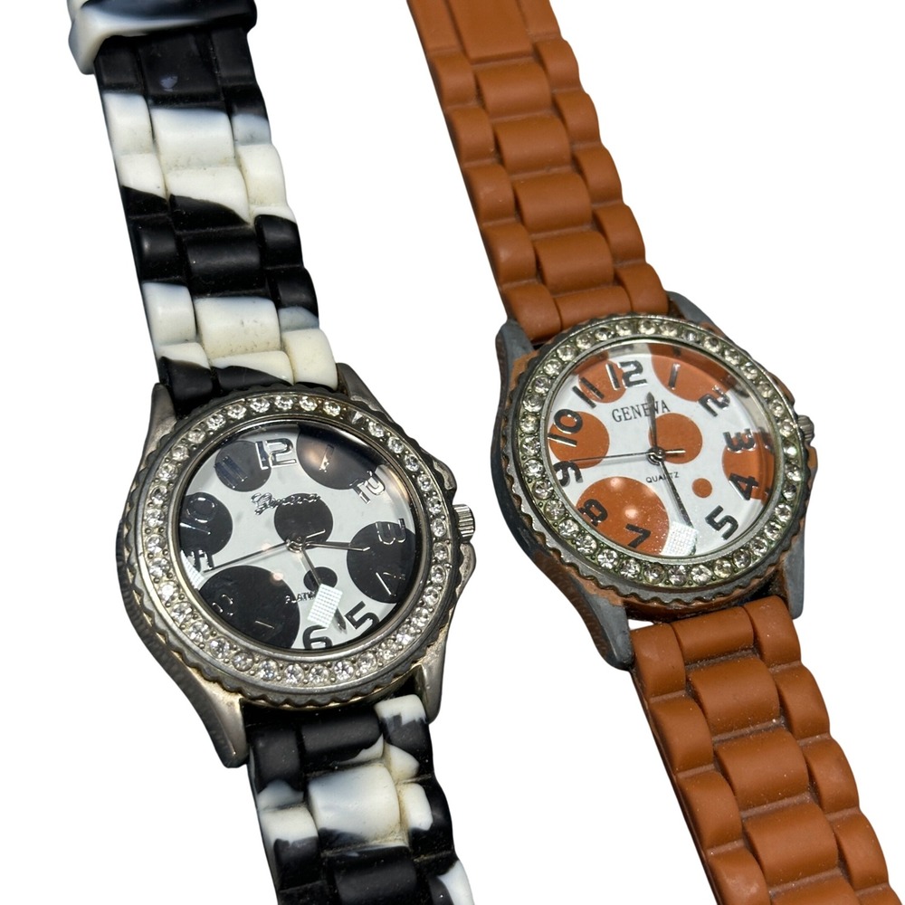 Geneva Platinum Quartz Watch Bundle Polka Dot Rhinestone Silicone Black Orange